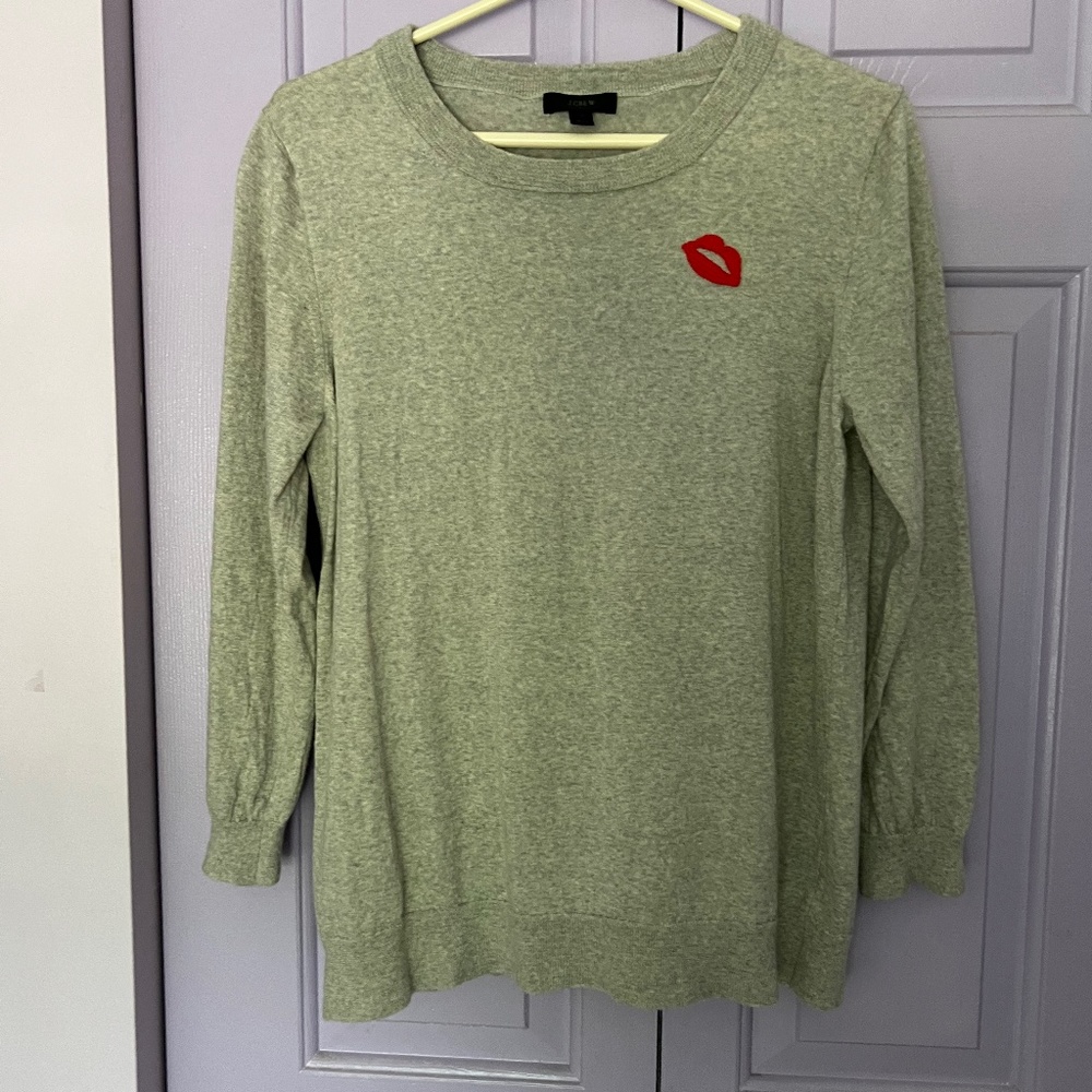 Gray (Grey) with Red Kiss J. Crew Quarter Sleeve Sweater Size XL